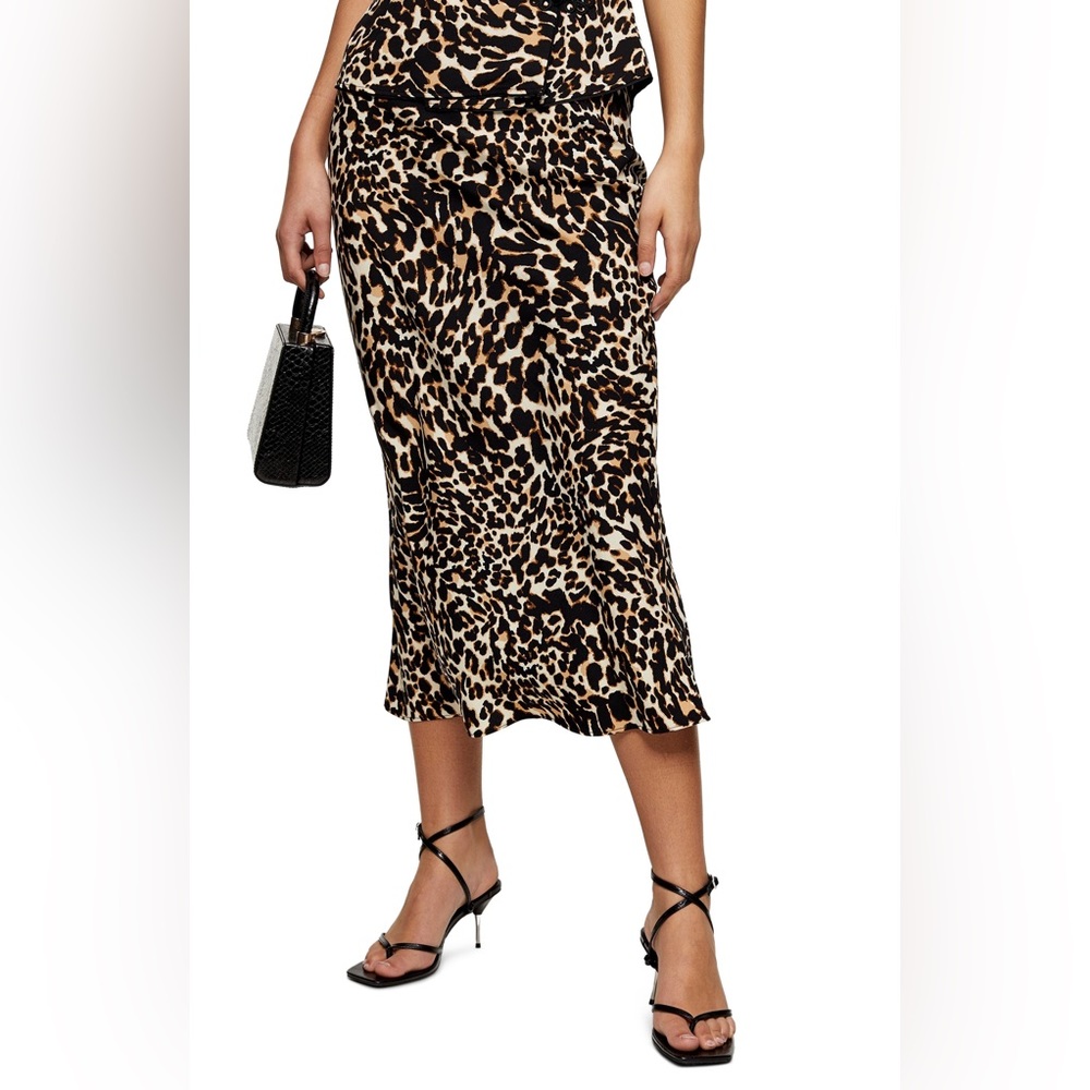 NWOT Topshop Leopard Print Bias Satin Midi Skirt